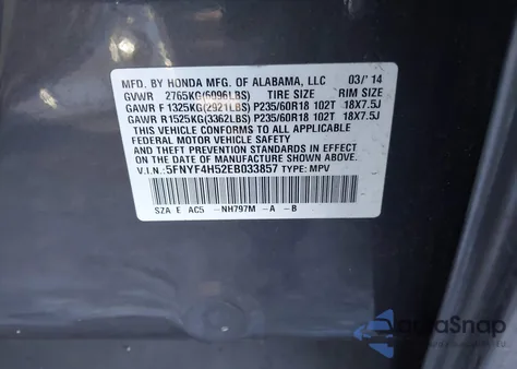 2014 Honda Pilot Ex-L z USA, uszkodzony, nr VIN 5FNYF4H52EB033857